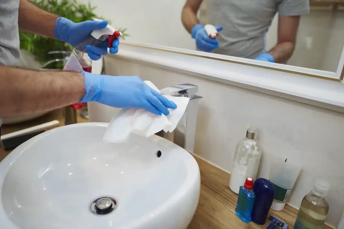 Gloved hands cleaning a bathroom sink