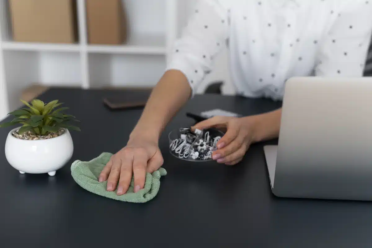 Woman wiping an office desk beside a laptop