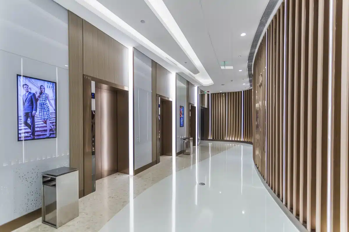 Shared building lobby with seating and circulation space