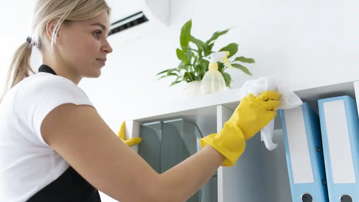 Cleaning professional maintaining a shared office space