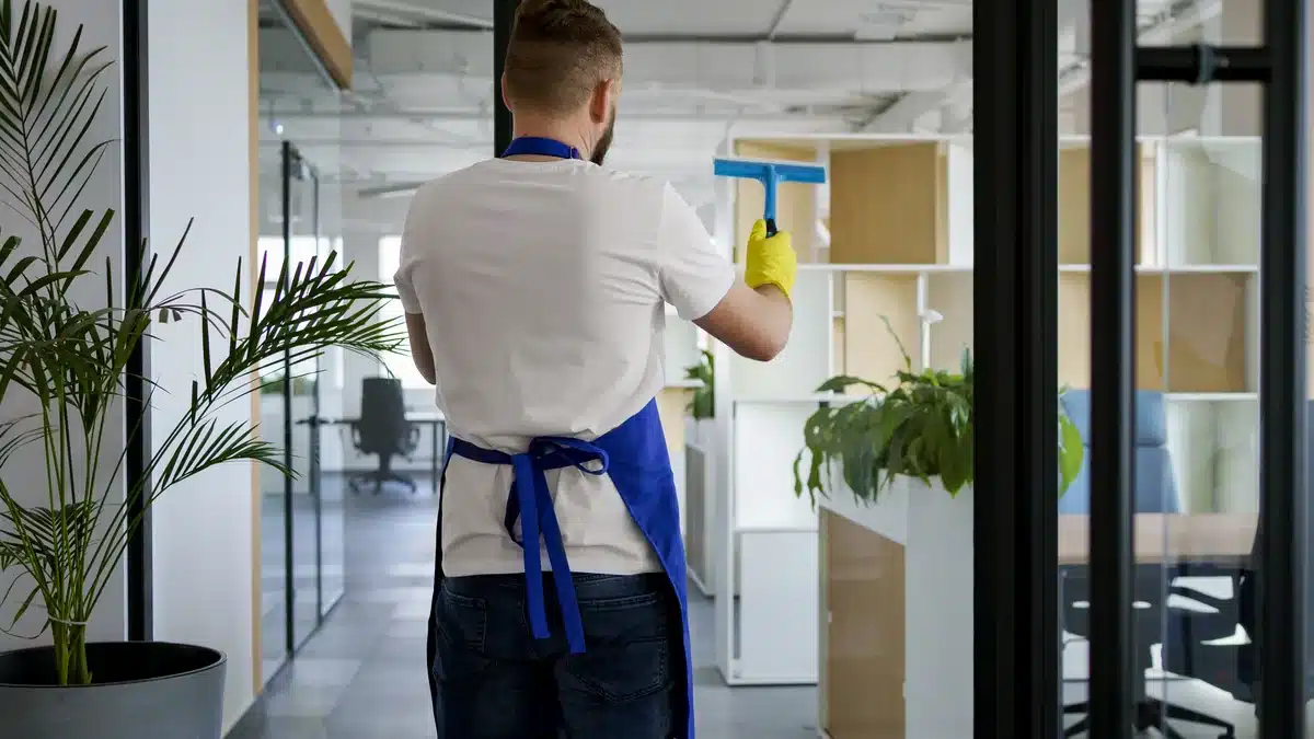 Cleaning professional caring for an office window