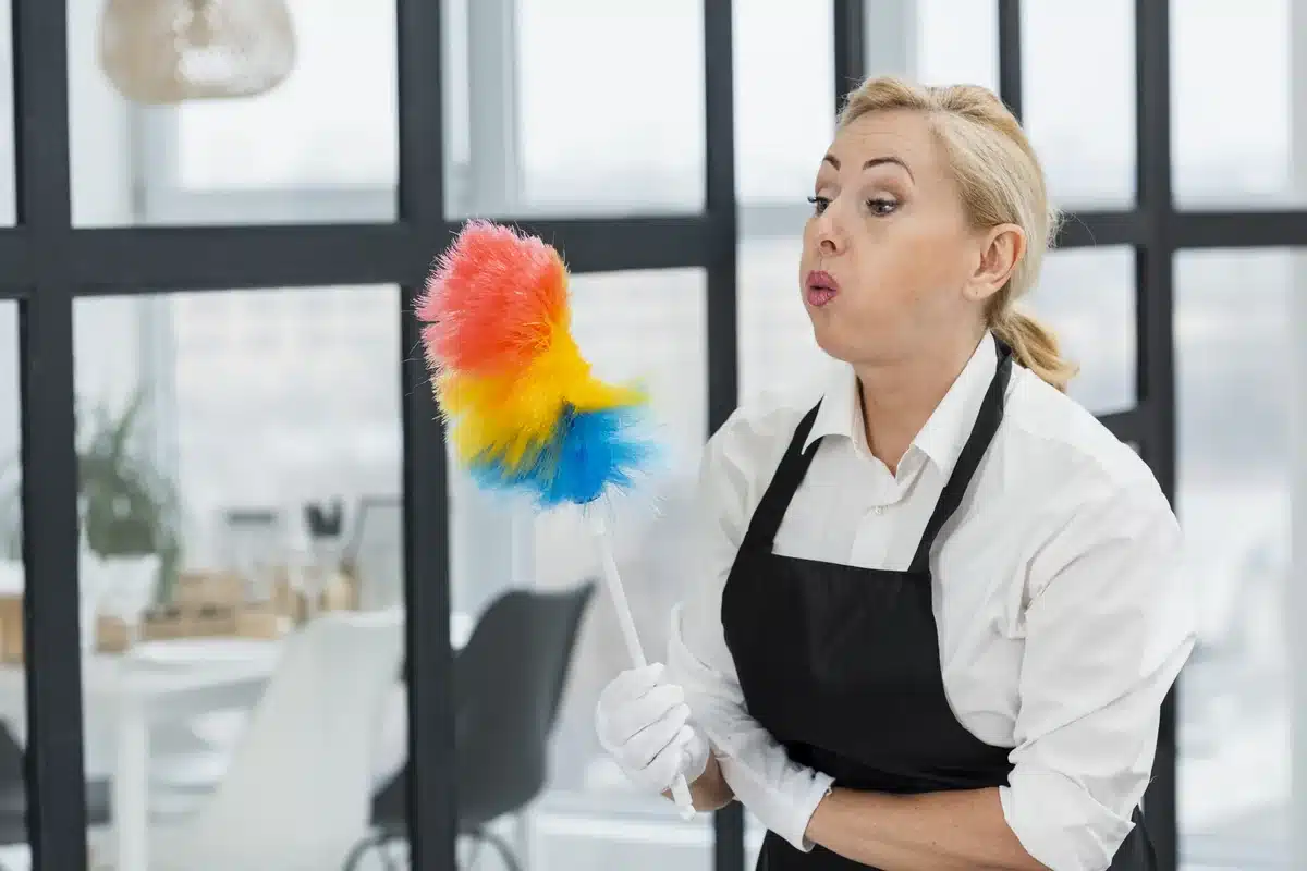 Cleaning professional holding a duster beside an office glass partition